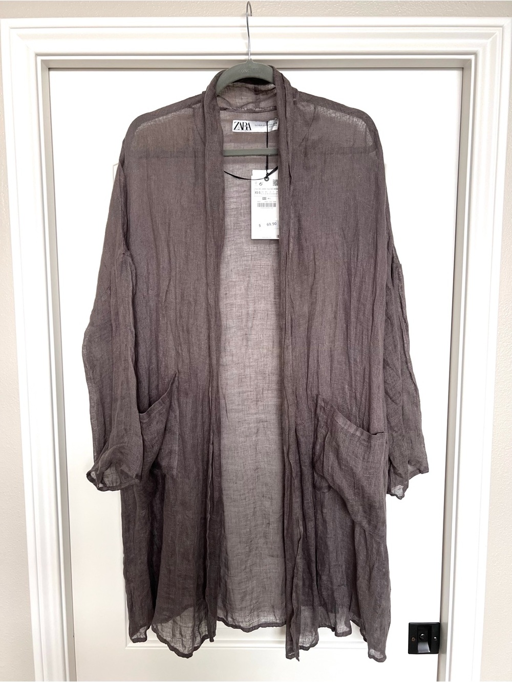 Zara Sheer Open-Front Kimono Style linen jacket - Taupe Gray